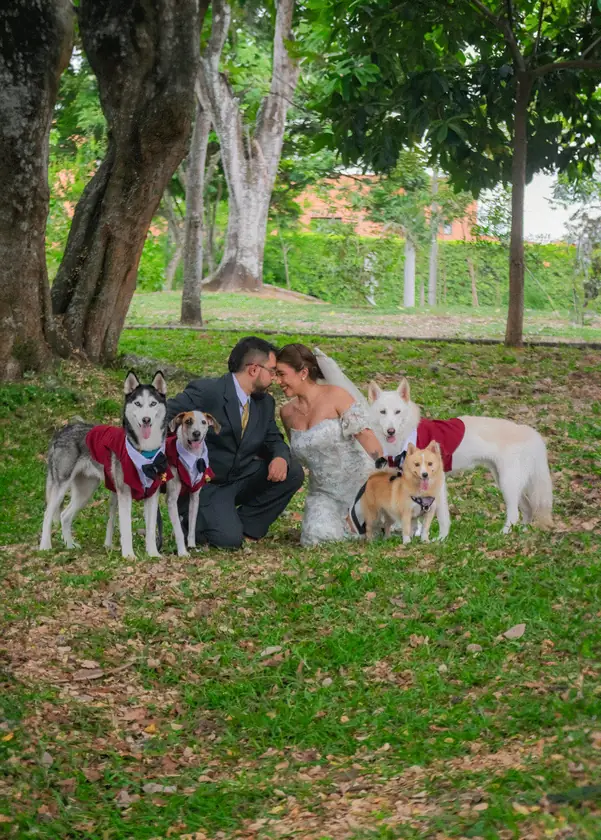 Novios en el parque con sus perros vestidos para la boda