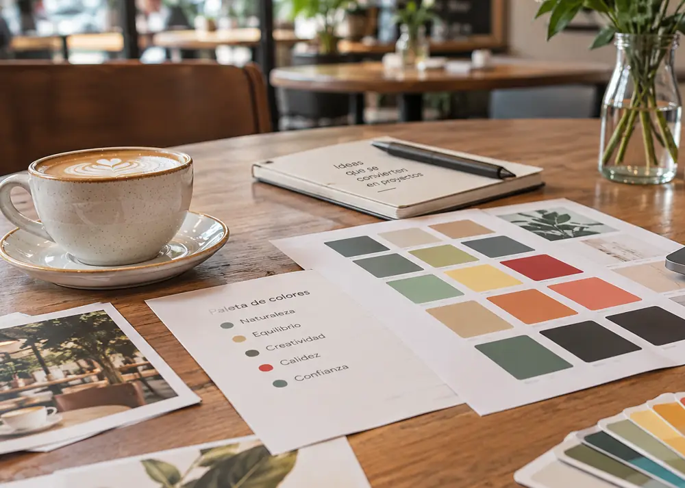 Mesa de asesoría con café, cuaderno de ideas y paleta de colores de marca